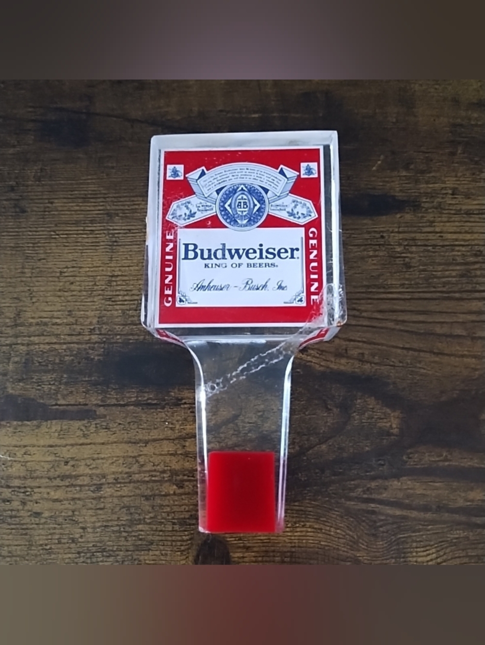 Vintage 6" Budweiser Double Sided Red Acrylic Beer Tap Bar Keg Handle/Knob